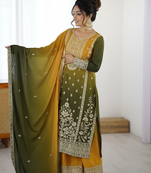 Chinon Silk Green-Yellow Ombre Sharara Suit with Dupatta