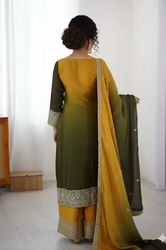 Chinon Silk Green-Yellow Ombre Sharara Suit with Dupatta
