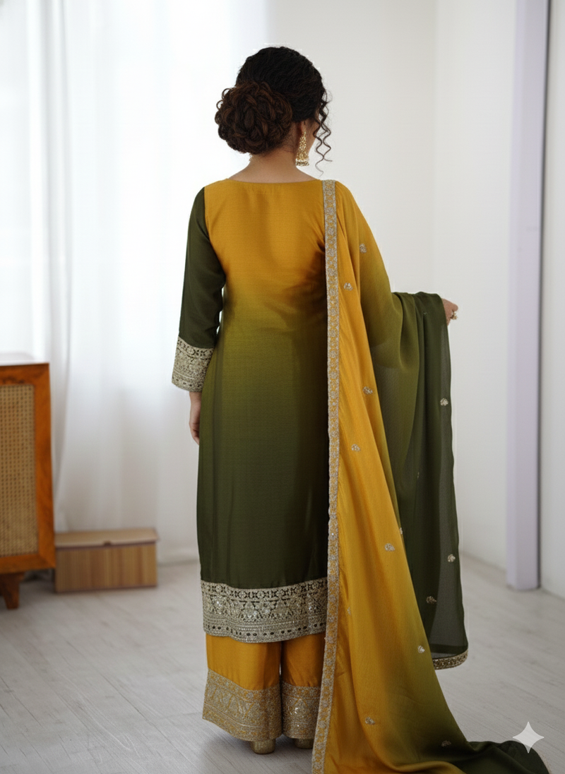 Chinon Silk Green-Yellow Ombre Sharara Suit with Dupatta