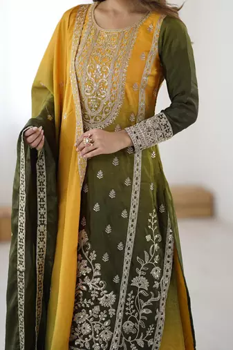 Chinon Silk Green-Yellow Ombre Sharara Suit with Dupatta