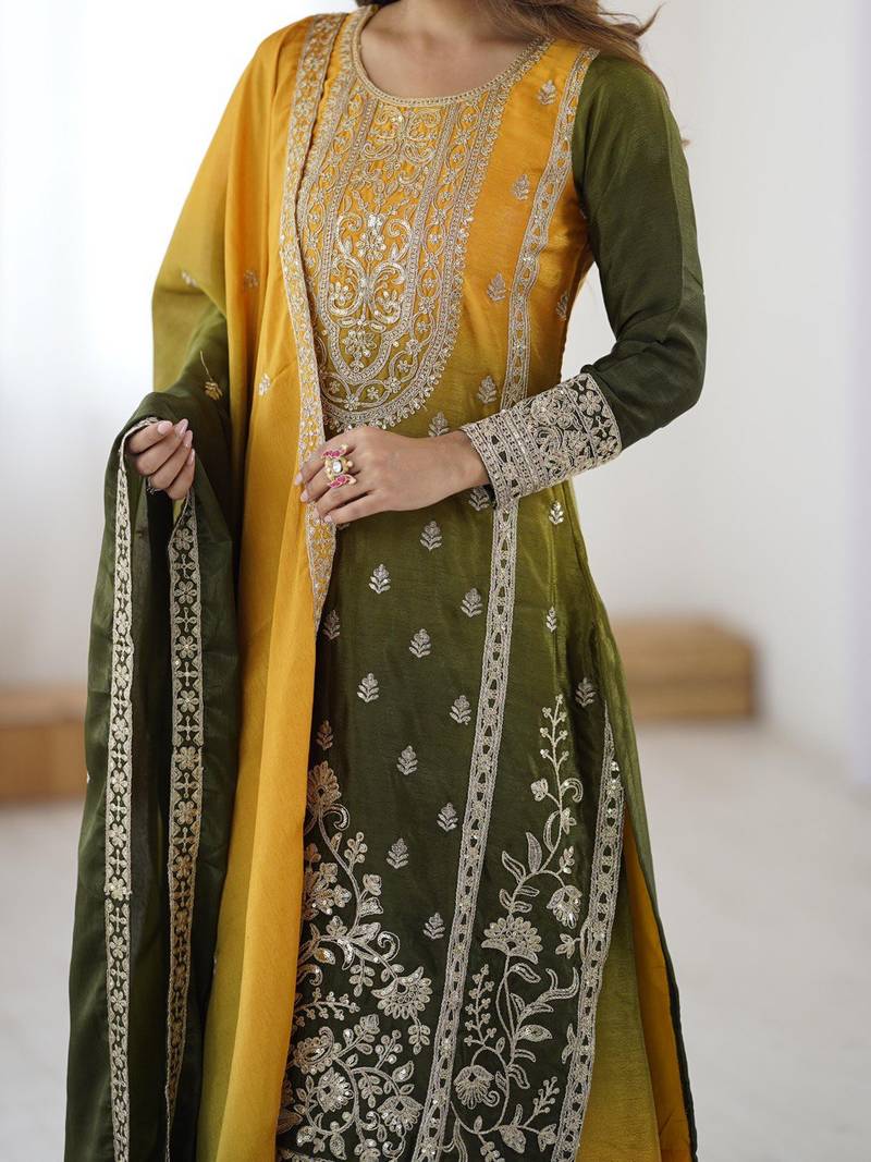 Chinon Silk Green-Yellow Ombre Sharara Suit with Dupatta
