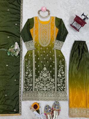 Chinon Silk Green-Yellow Ombre Sharara Suit with Dupatta 4