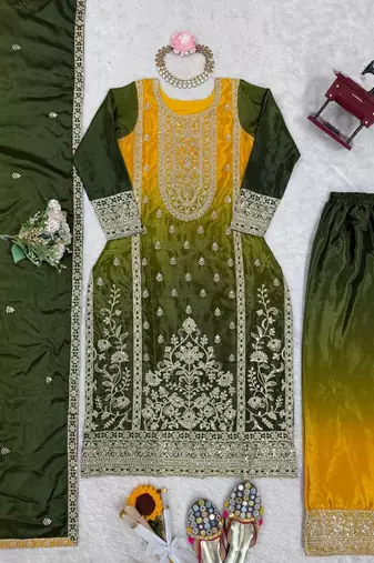 Chinon Silk Green-Yellow Ombre Sharara Suit with Dupatta