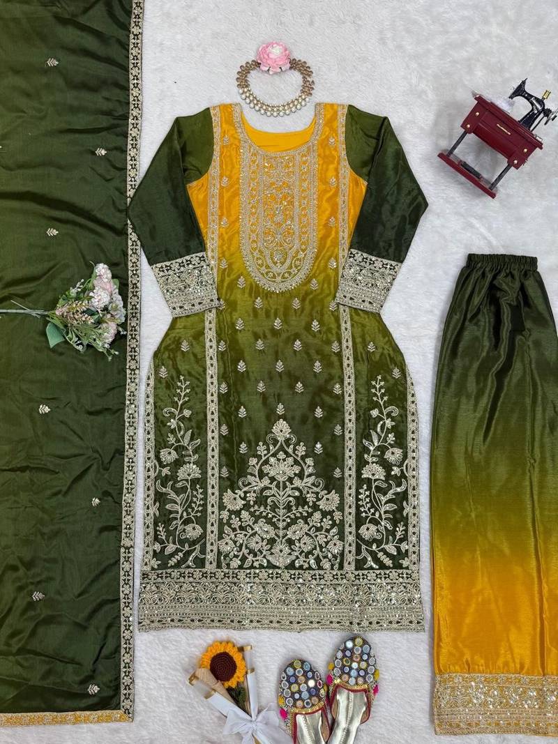 Chinon Silk Green-Yellow Ombre Sharara Suit with Dupatta