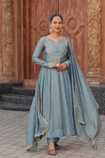 Women's Gorgeous Vichitra Silk Fabric Embroidery Work Flared Anarkali Pant and Dupatta Set