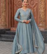 Women's Gorgeous Vichitra Silk Embroidery Work Flared Anarkali Pant and Dupatta Set