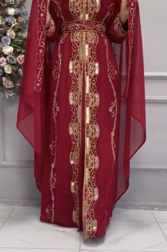  Maroon Moroccan Style Embroidered Stitched Kaftan with Heavy Golden Work & Dupatta