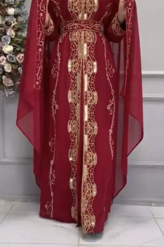  Maroon Moroccan Style Embroidered Stitched Kaftan with Heavy Golden Work & Dupatta