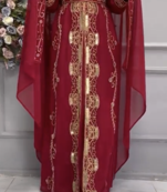  Maroon Moroccan Style Embroidered Stitched Kaftan with Heavy Golden Work & Dupatta