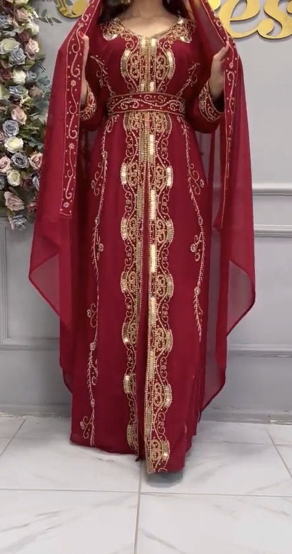  Maroon Moroccan Style Embroidered Stitched Kaftan with Heavy Golden Work & Dupatta