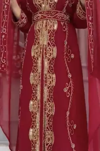  Maroon Moroccan Style Embroidered Stitched Kaftan with Heavy Golden Work & Dupatta