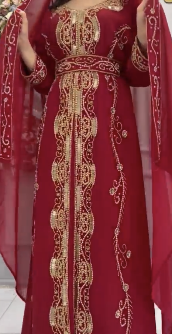  Maroon Moroccan Style Embroidered Stitched Kaftan with Heavy Golden Work & Dupatta