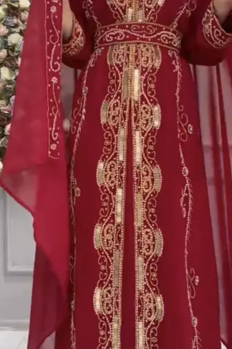  Maroon Moroccan Style Embroidered Stitched Kaftan with Heavy Golden Work & Dupatta