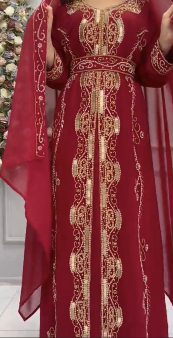  Maroon Moroccan Style Embroidered Stitched Kaftan with Heavy Golden Work & Dupatta