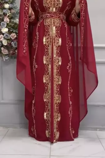  Maroon Moroccan Style Embroidered Stitched Kaftan with Heavy Golden Work & Dupatta
