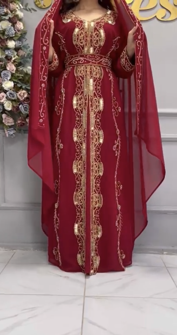  Maroon Moroccan Style Embroidered Stitched Kaftan with Heavy Golden Work & Dupatta
