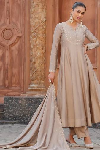 Women's Gorgeous Vichitra Silk Fabric Embroidery Work Flared Anarkali Pant and Dupatta Set