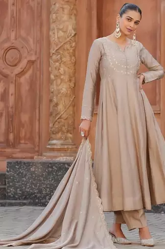 Women's Gorgeous Vichitra Silk Fabric Embroidery Work Flared Anarkali Pant and Dupatta Set