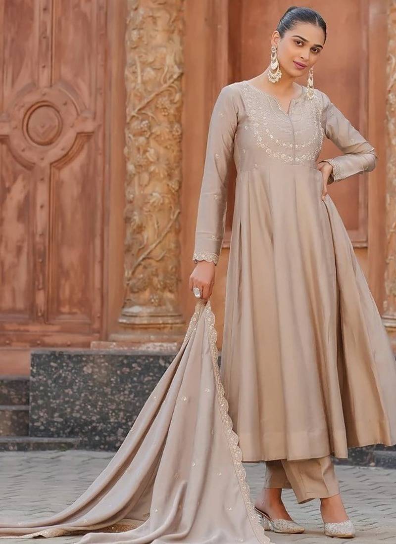 Women's Gorgeous Vichitra Silk Fabric Embroidery Work Flared Anarkali Pant and Dupatta Set