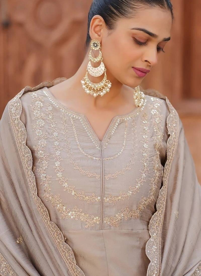 Women's Gorgeous Vichitra Silk Fabric Embroidery Work Flared Anarkali Pant and Dupatta Set