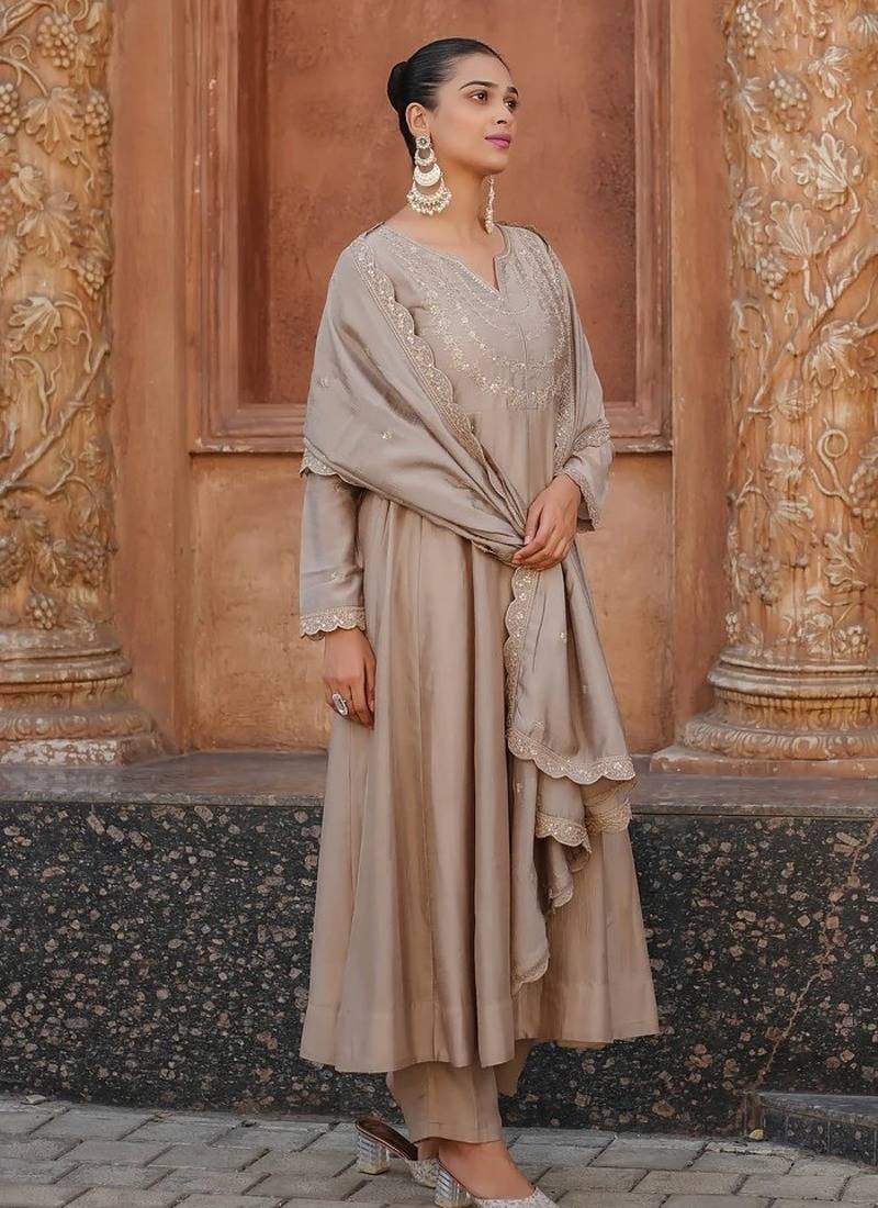 Women's Gorgeous Vichitra Silk Fabric Embroidery Work Flared Anarkali Pant and Dupatta Set