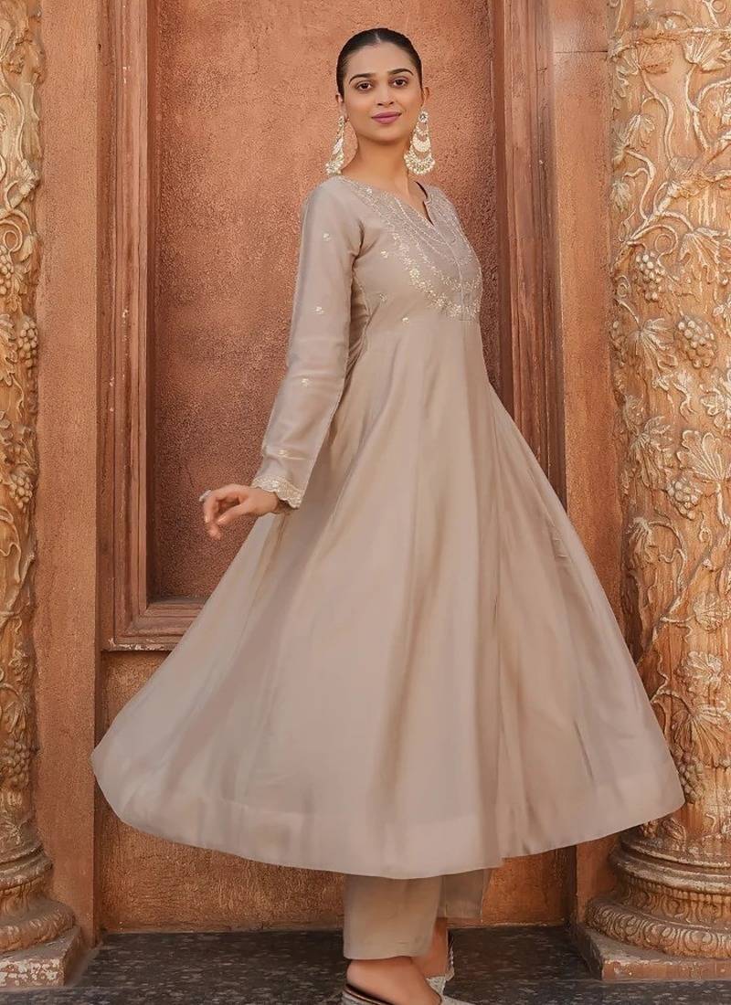 Women's Gorgeous Vichitra Silk Fabric Embroidery Work Flared Anarkali Pant and Dupatta Set