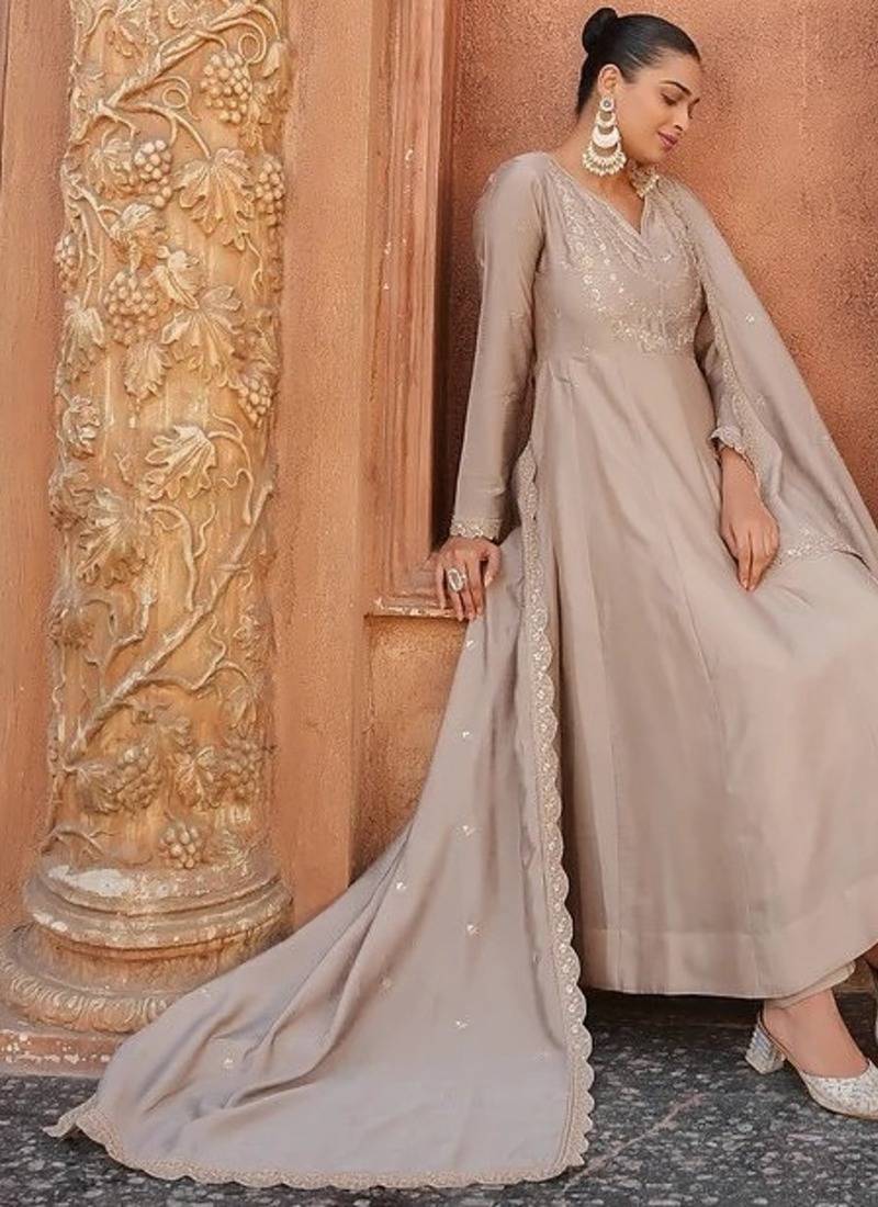 Women's Gorgeous Vichitra Silk Fabric Embroidery Work Flared Anarkali Pant and Dupatta Set