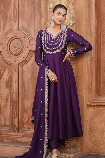 Women's Gorgeous Vichitra Silk Fabric Embroidery Work Flared Anarkali Pant and Dupatta Set