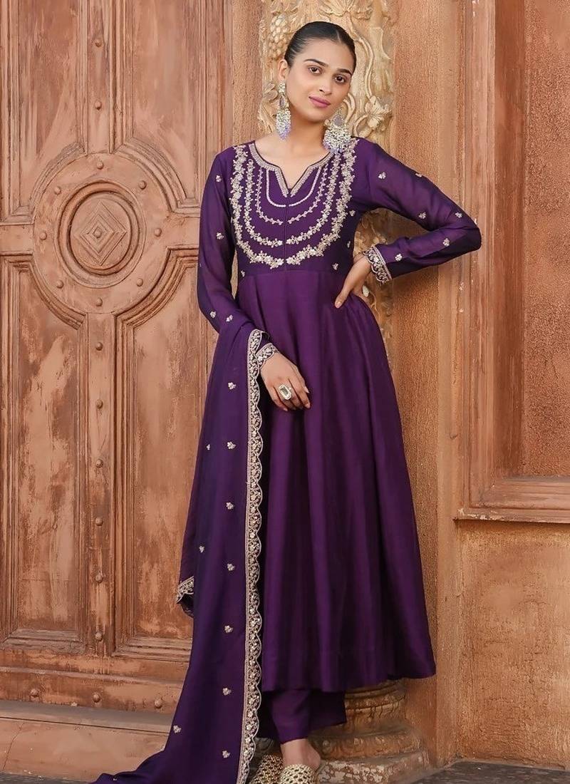 Women's Gorgeous Vichitra Silk Fabric Embroidery Work Flared Anarkali Pant and Dupatta Set