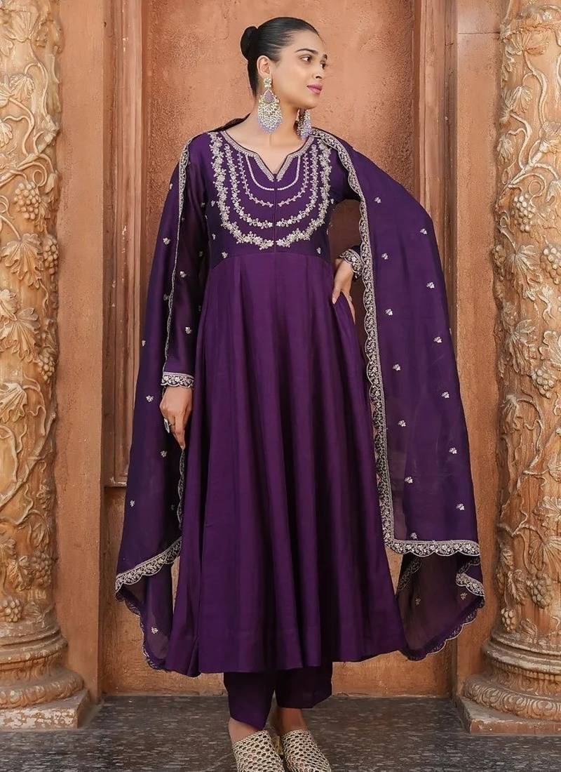 Women's Gorgeous Vichitra Silk Fabric Embroidery Work Flared Anarkali Pant and Dupatta Set