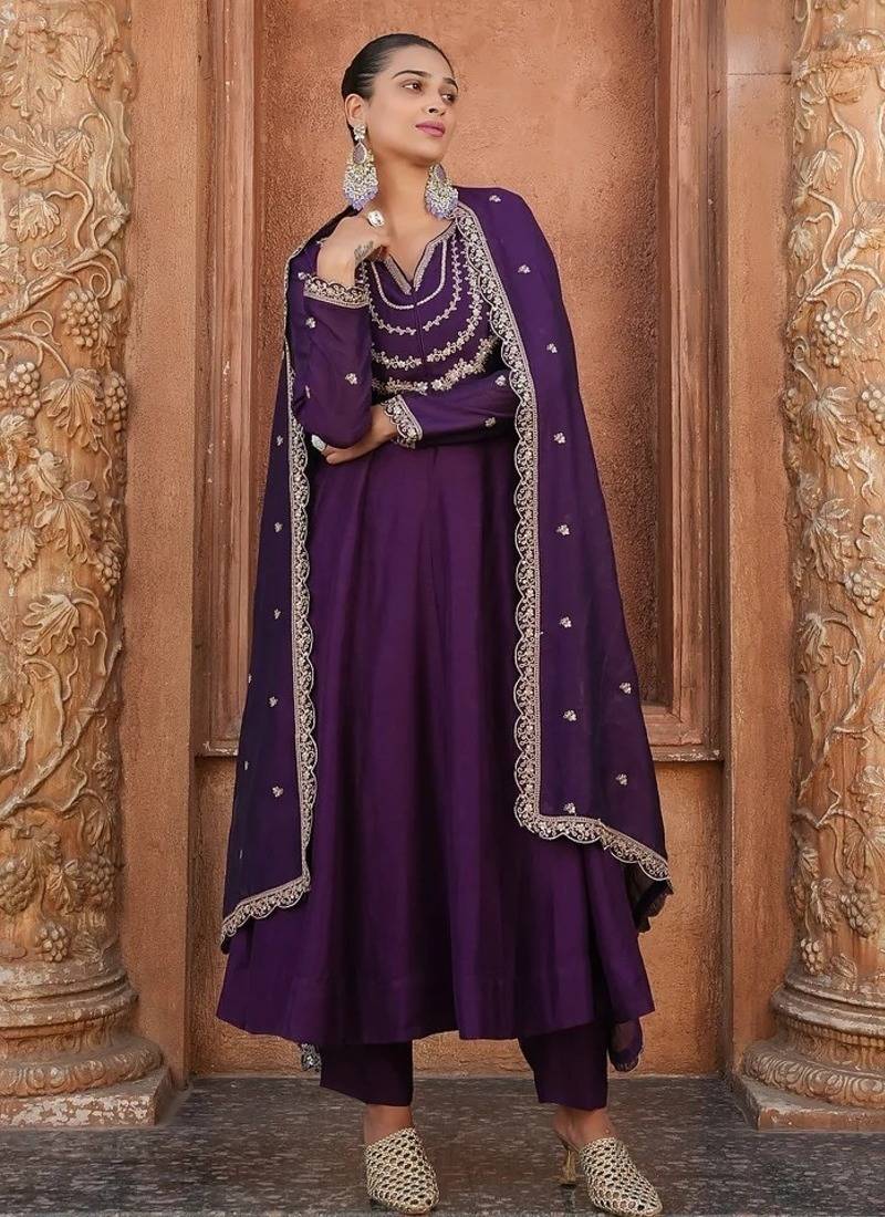 Women's Gorgeous Vichitra Silk Fabric Embroidery Work Flared Anarkali Pant and Dupatta Set