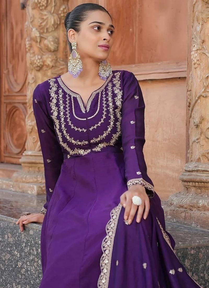 Women's Gorgeous Vichitra Silk Fabric Embroidery Work Flared Anarkali Pant and Dupatta Set