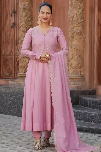 Women's Gorgeous Vichitra Silk Fabric Embroidery Work Flared Anarkali Pant and Dupatta Set