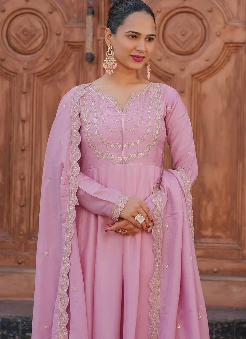 Women's Gorgeous Vichitra Silk Fabric Embroidery Work Flared Anarkali Pant and Dupatta Set