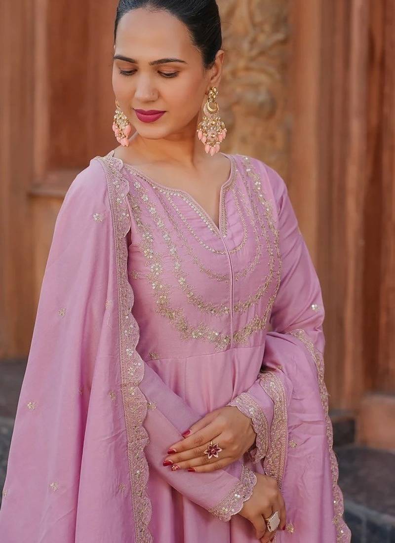 Women's Gorgeous Vichitra Silk Fabric Embroidery Work Flared Anarkali Pant and Dupatta Set