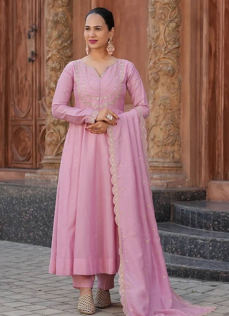 Women's Gorgeous Vichitra Silk Fabric Embroidery Work Flared Anarkali Pant and Dupatta Set