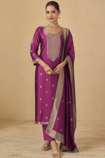 Purple viscose silk jacquard wedding wear salwar suit