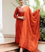 Women's Gorgeous Rayon Fabric Embroidery Work Straight Kurta Pant and Dupatta Set