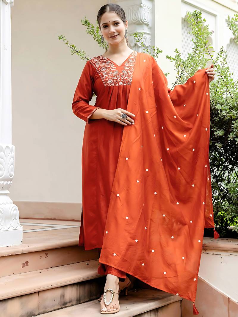 Women's Gorgeous Rayon Fabric Embroidery Work Straight Kurta Pant and Dupatta Set