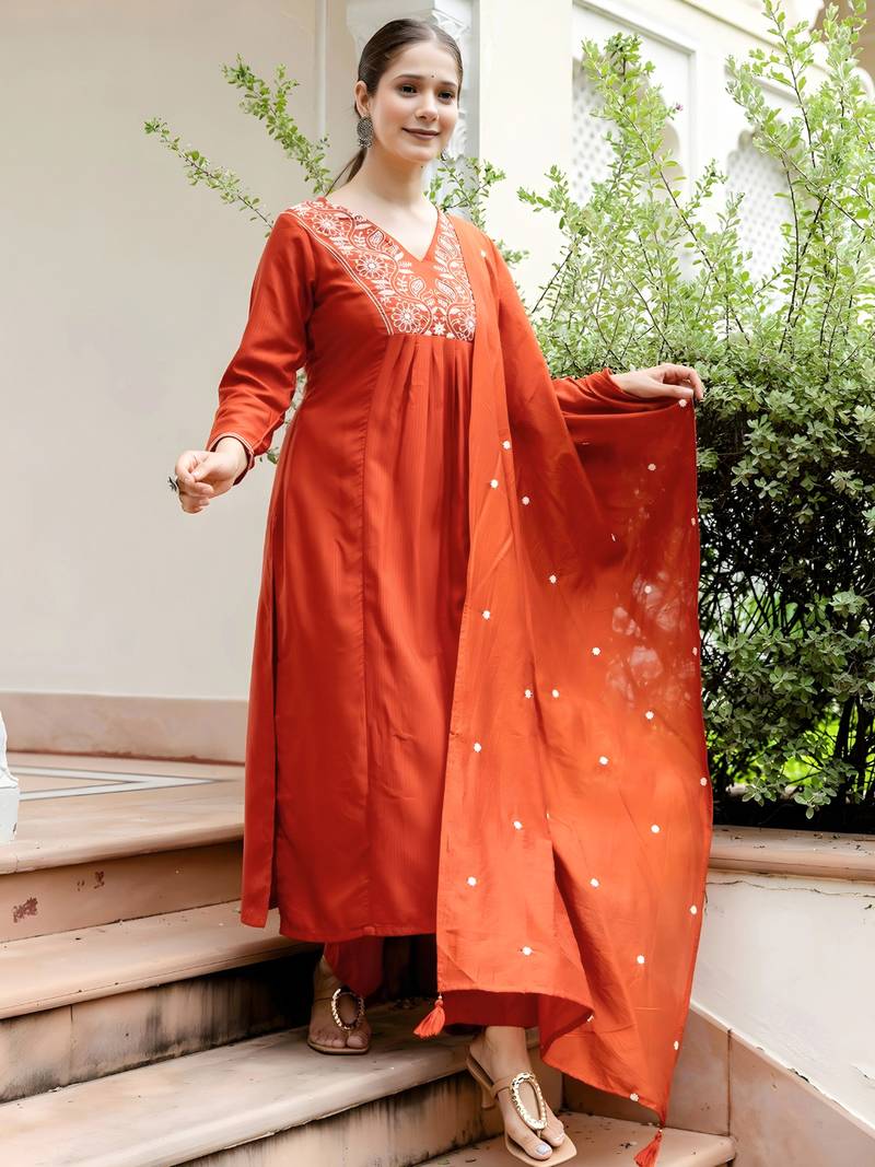 Women's Gorgeous Rayon Fabric Embroidery Work Straight Kurta Pant and Dupatta Set