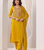 Women's Gorgeous Rayon Fabric Embroidery Work Straight Kurta Pant and Dupatta Set