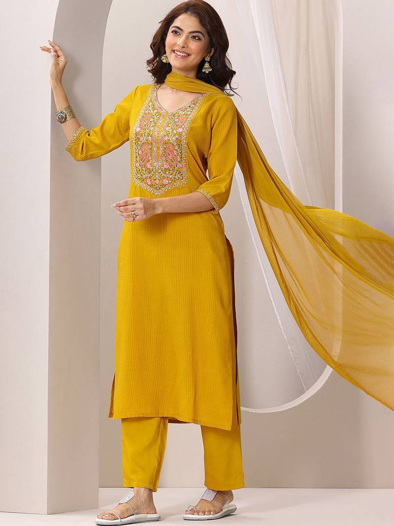 Women's Gorgeous Rayon Fabric Embroidery Work Straight Kurta Pant and Dupatta Set