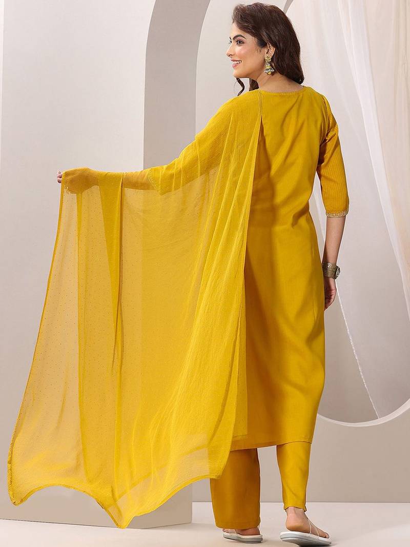 Women's Gorgeous Rayon Fabric Embroidery Work Straight Kurta Pant and Dupatta Set