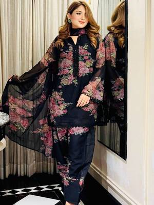 Navy Faux Georgette Printed Work Straight Kurta Palazzo and Dupatta Set 1