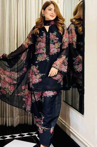 Women's Beautiful Faux Georgette Fabric Printed Work Straight Kurta Palazzo and Dupatta Set