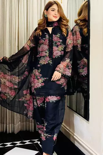 Women's Beautiful Faux Georgette Fabric Printed Work Straight Kurta Palazzo and Dupatta Set