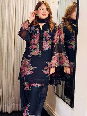 Navy Faux Georgette Printed Work Straight Kurta Palazzo and Dupatta Set 3