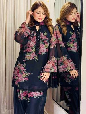 Navy Faux Georgette Printed Work Straight Kurta Palazzo and Dupatta Set 4
