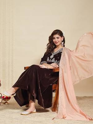 Brown Velvet Embroidery Work Flared Anarkali Pant and Dupatta Set 1