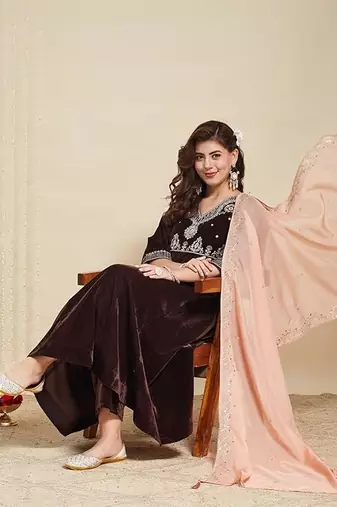 Women's Beautiful Velvet Fabric Embroidery Work Flared Anarkali Pant and Dupatta Set